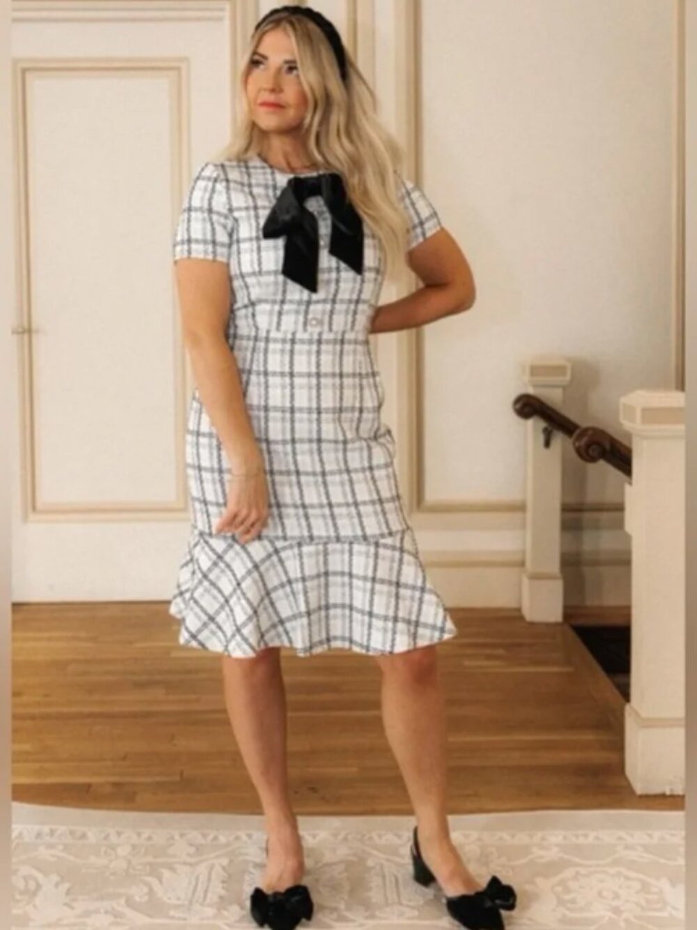 EUC Ivy City Co Eloise Tweed Dress White Black Gold Bow Holiday French Chic XL